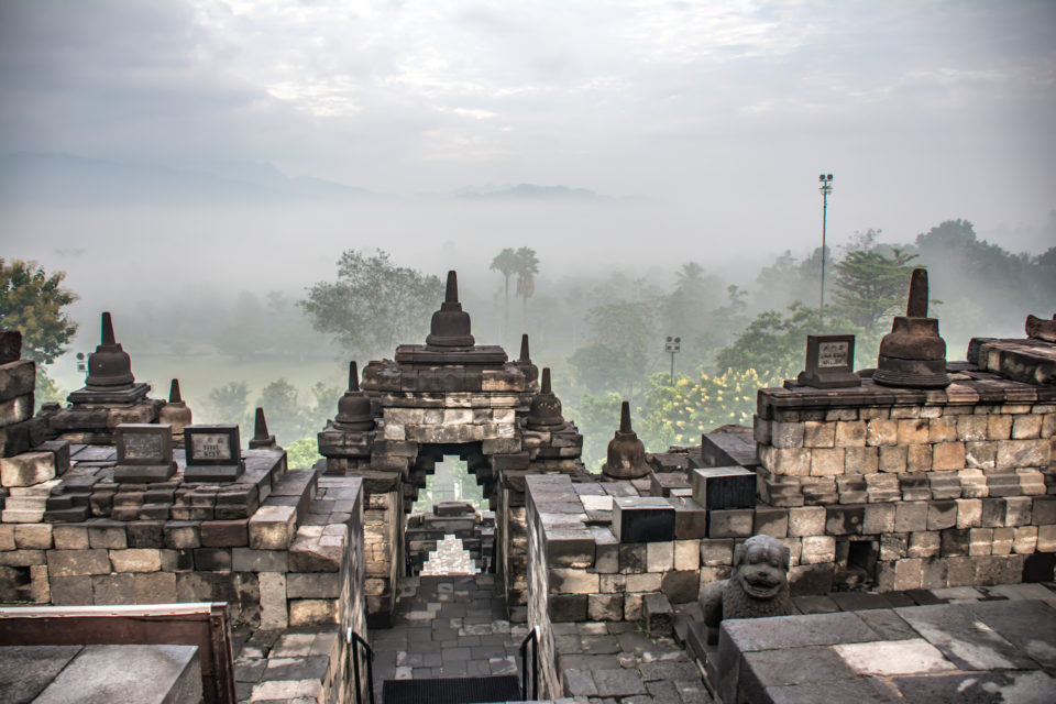 View into the plains on a foggy morning from the top of the temple