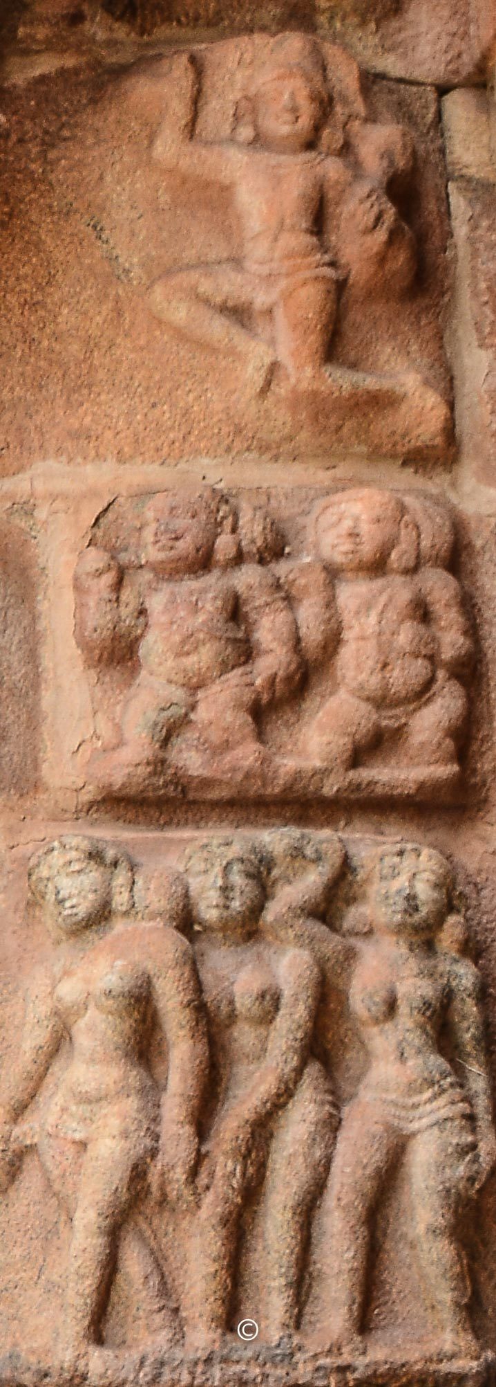 Leftside of the panel - Suryan on top, Boodha-Ganams in the middle, love-stricken women in the bottom